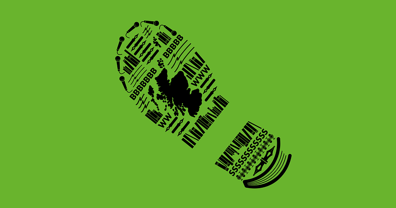 An illustration of a shoe print made of icons on a green background. The icons include a microphone, pens, books, a map of Scotland and the letters BWS